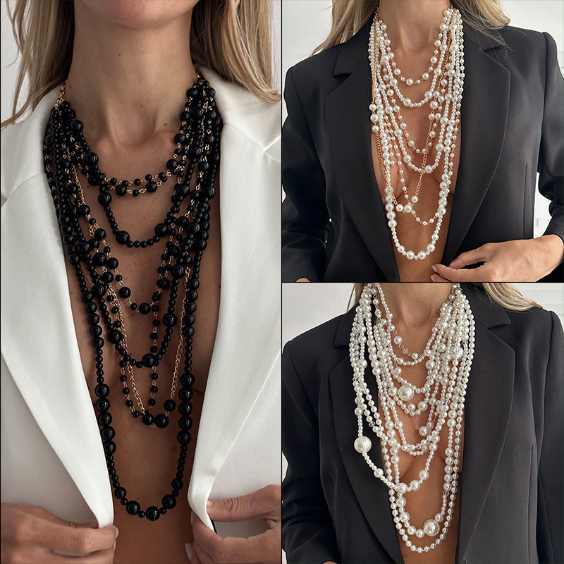Multi‑Layer Oversized Pearl Statement Necklace, Layered Pearl Vintage Luxury Necklace