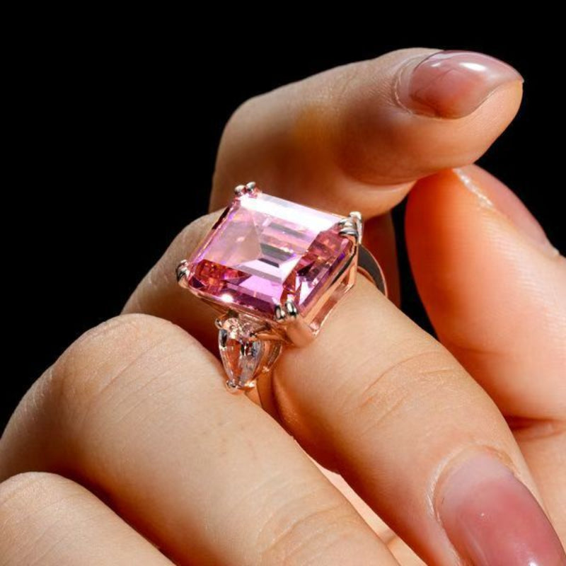 Emerald Cut Pink Gem Rose Gold Solitaire Ring, Side Teardrop Diamond Accent Band