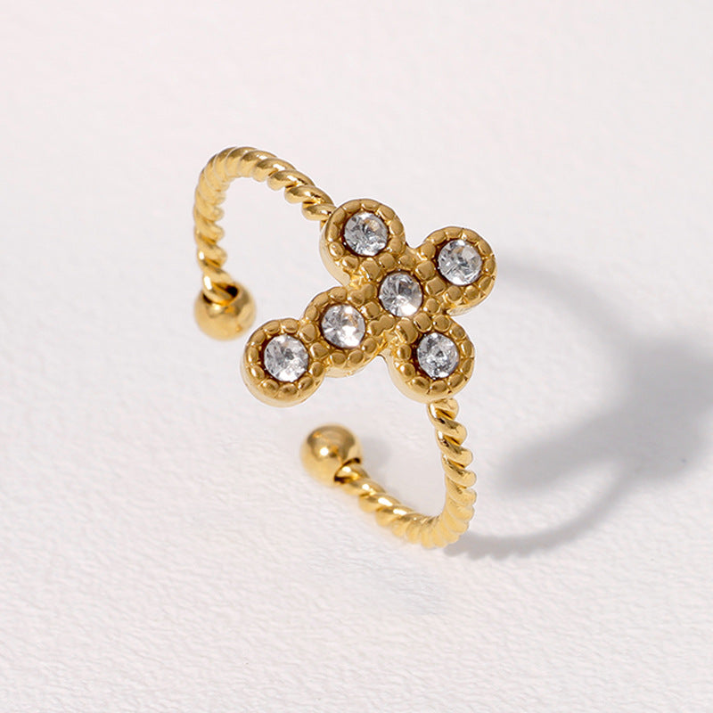 Twisted Band Cross Diamond Open Ring, Adjustable Vintage Stackable Finger Ring For Women