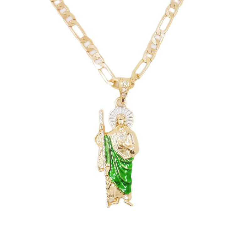 Plated Saint Jude Green Enamel Pendant Necklace, Religious Patron Saint Unisex Faith Statement Jewelry