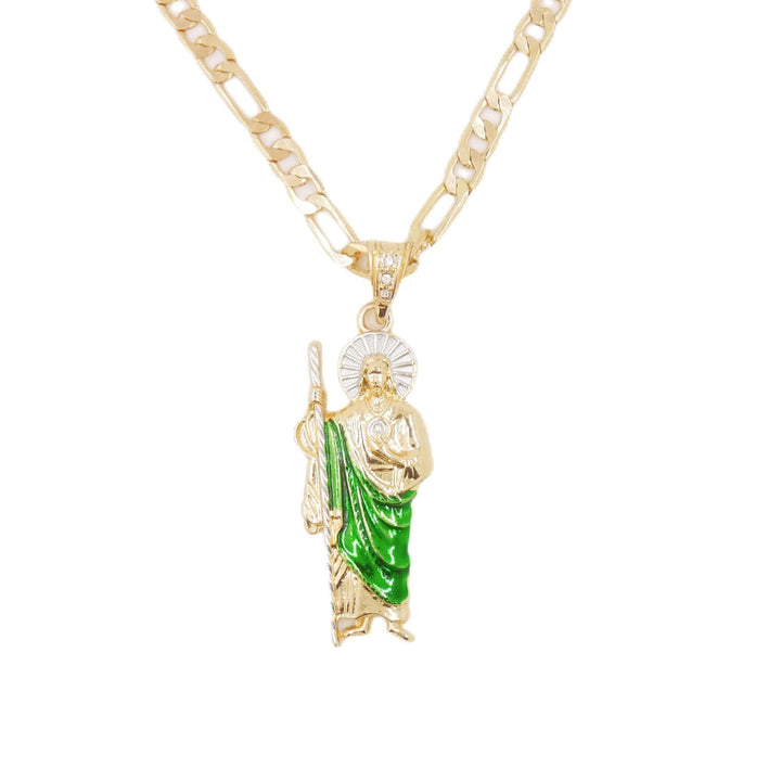 Plated Saint Jude Green Enamel Pendant Necklace, Religious Patron Saint Unisex Faith Statement Jewelry