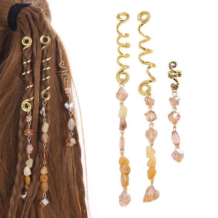 Gemstone Long Tassel Hair Coil, Bohemian Layered Beaded Twisted Hair Jewelry
