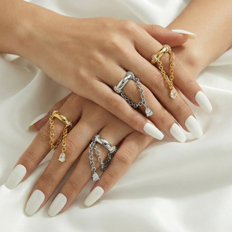 Chain Drop Teardrop Diamond Chunky Band Ring, Multi Gem Trendy Stackable Jewelry