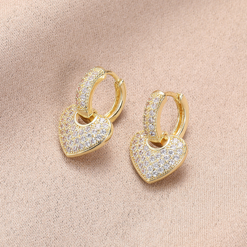 Sparkling Heart Drop Huggie Earrings, Paved Diamond Heart Earrings for Women Daily Party Jewelry