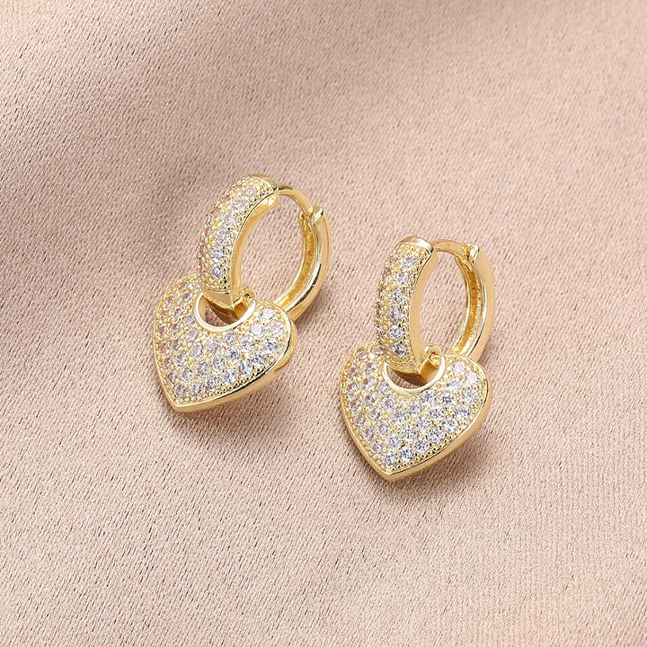 Sparkling Heart Drop Huggie Earrings, Paved Diamond Heart Earrings for Women Daily Party Jewelry