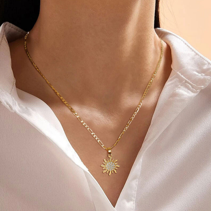 Pave‑Set Diamond Sun Pendant Necklace, Dainty Figaro Chain Necklace in Gold‑Tone &amp; Silver‑Tone