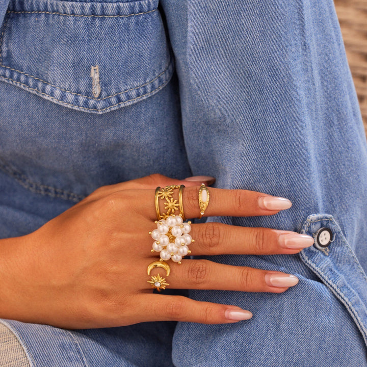 2‑Style Gold‑Tone Open Cuff Statement Rings, Hollow Daisy & Cluster Pearl Adjustable Rings