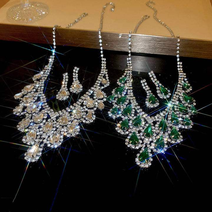 Teardrop Diamonds Bib Jewelry Set, Luxury Formal Necklace & Drop Earrings For Women