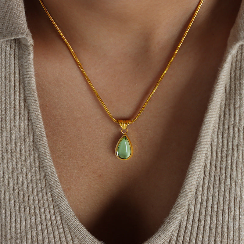Teardrop Cabochon Gem Snake Chain Pendant Necklace, 2 Tone Calm Tone Minimal Jewelry