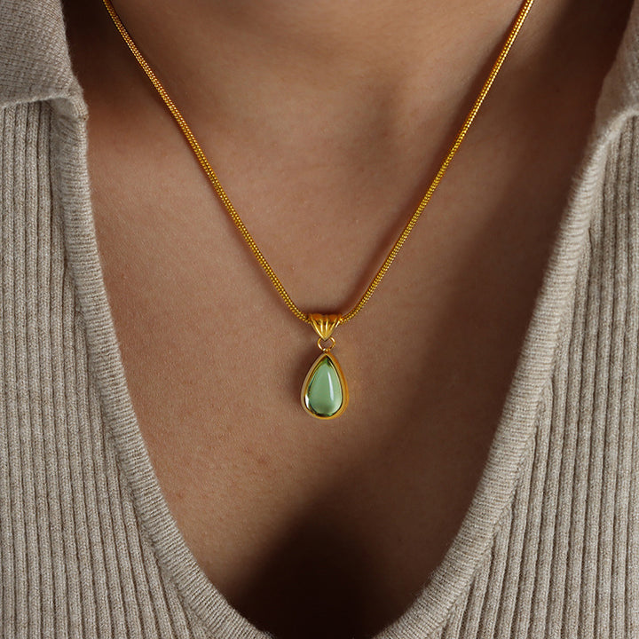 Teardrop Cabochon Gem Snake Chain Pendant Necklace, 2 Tone Calm Tone Minimal Jewelry