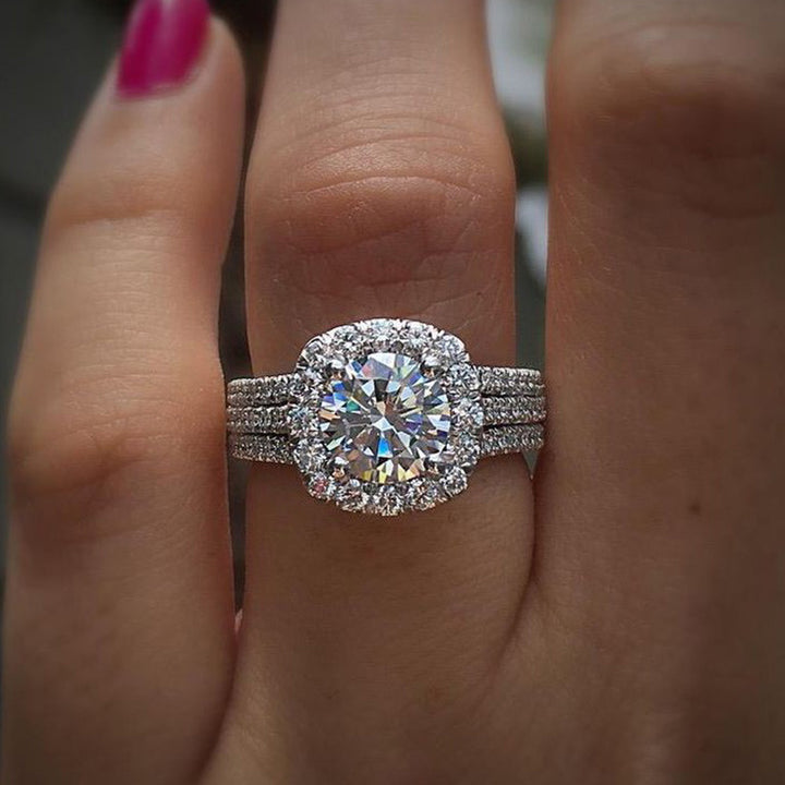 Cushion Double Halo Triple Pave Band Bridal Ring, Round Solitaire Engagement Wedding
