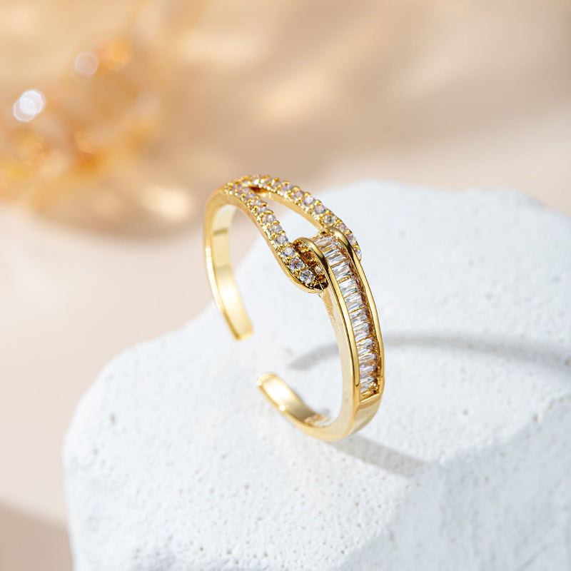 Twist Interlocked Diamond Open Ring, Adjustable 18K Gold Stackable Statement Band
