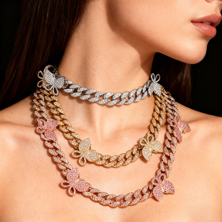 Sparkling Diamond Cuban Necklace, Sweet and Cool Butterfly Jewelry, Bip-Hop Cuban Necklace