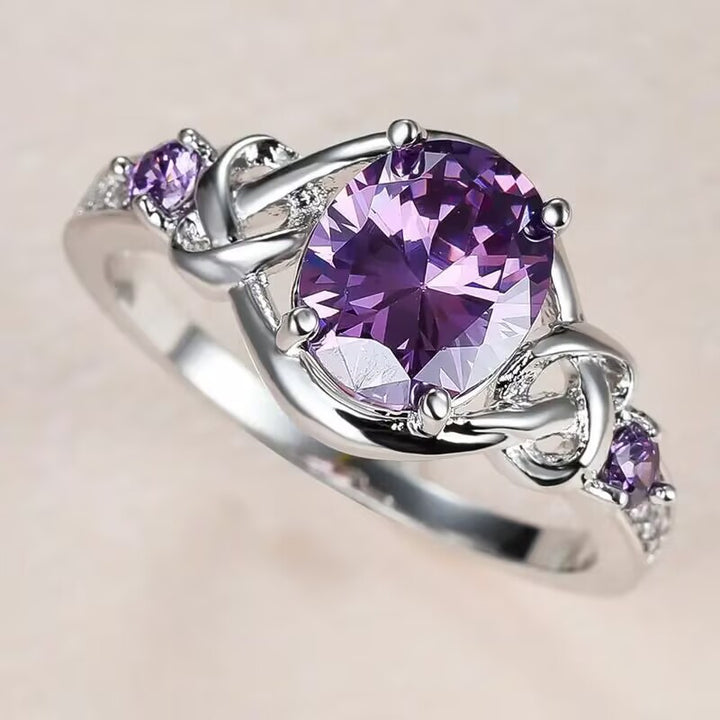 Oval Purple Gemstone Statement Ring, Celtic Knot Design Ring with Side Accent Stones for Women