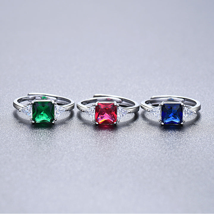 Three Stone Square Cut Adjustable Open Ring, Vibrant Colored Gemstone Statement Ring