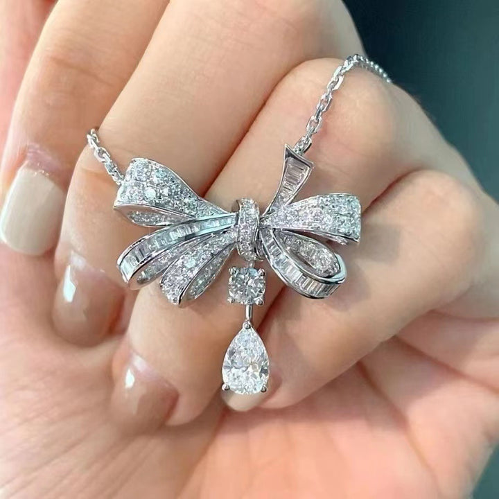 Bow Diamond Pendant Necklace, Elegant Sparkling Charm Necklace, Romantic Gift for Women