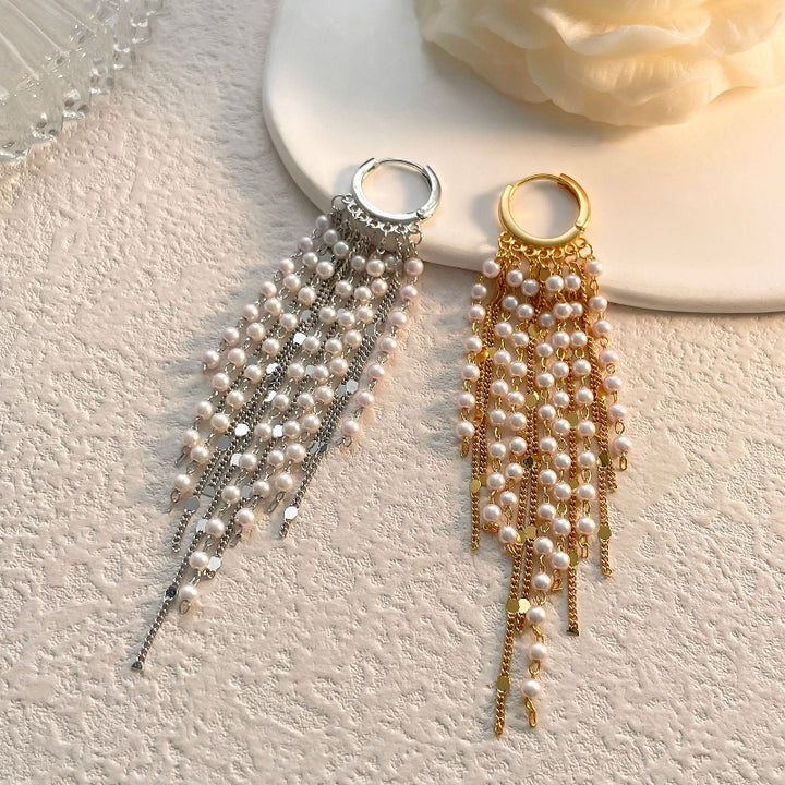 Elegant Long Pearl Tassel Hoop Earrings, Multi‑Layer Fringe Drop Earrings for Women