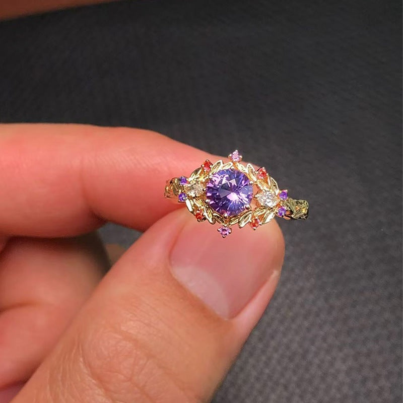 Vintage Leaf Purple Gemstone Open Ring, Elegant Adjustable Statement Ring for Women