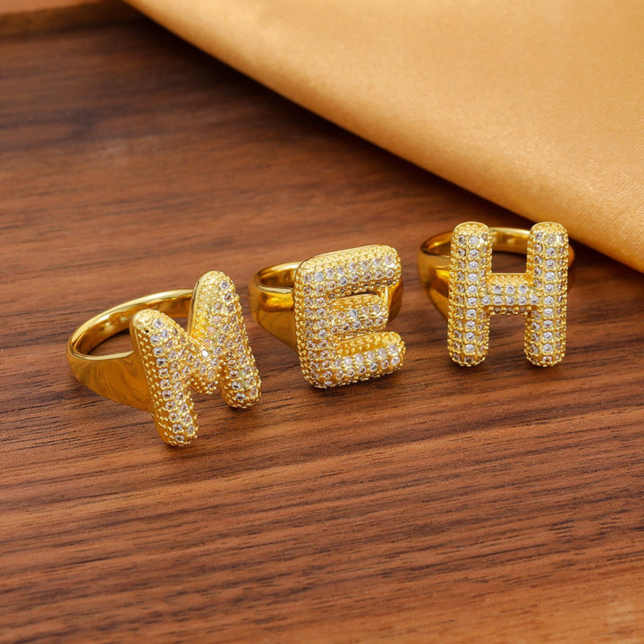 Adjustable Open Iced‑Out Initial Letter Diamond Ring, 26‑Alphabet Statement Unique Style Ring