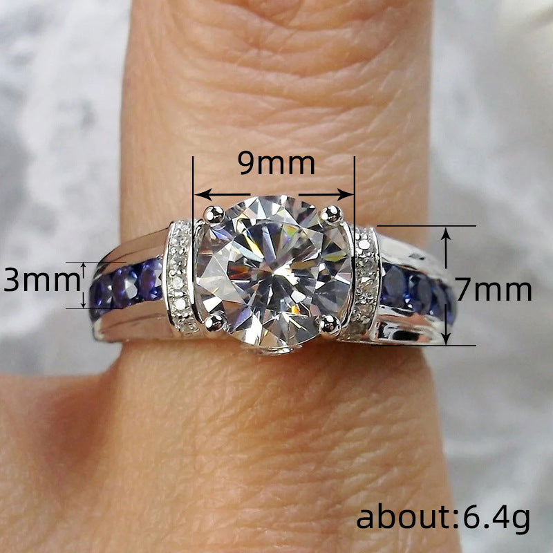 S925 Silver Round‑Cut Diamond Ring With Blue Gem Inlaid Band