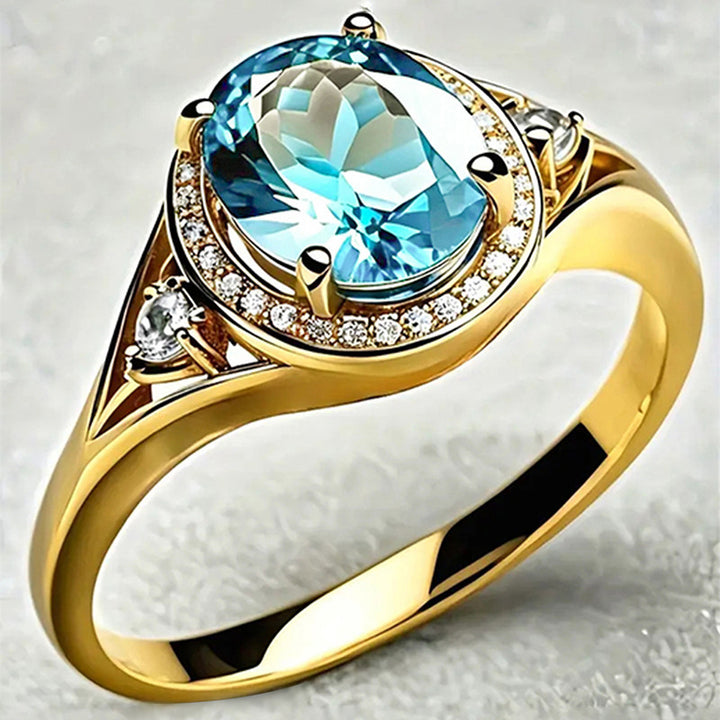 Oval Blue Gemstone Halo Diamond Accent Ring, Curved Inlaid Band Statement Cocktail Ring