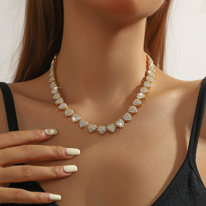 Full Pave Diamond Heart Tennis Choker, Iced Romantic Stackable Collarbone Statement Necklace