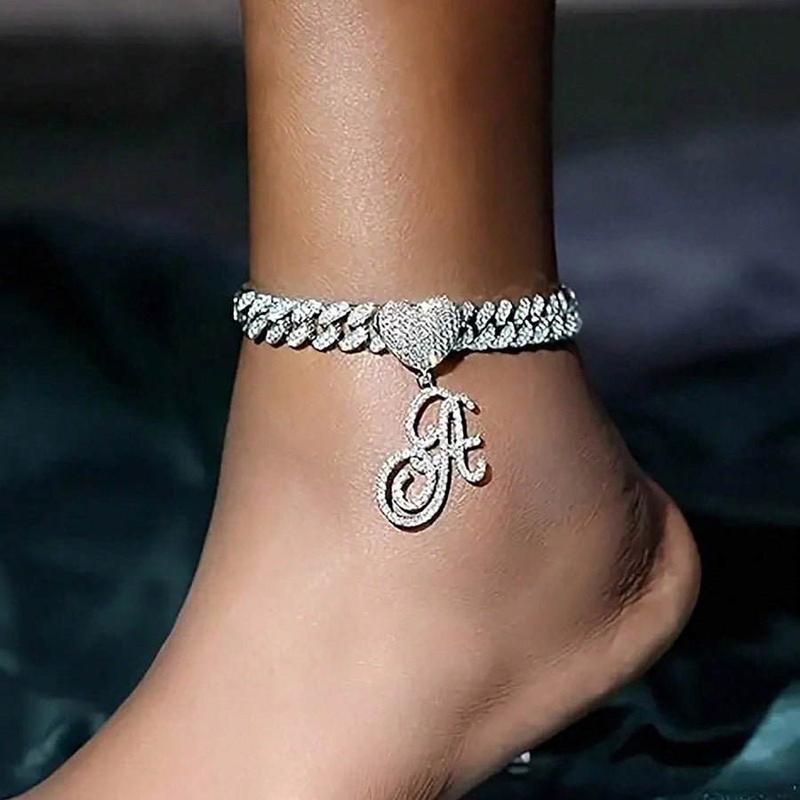 Cursive Initial Letter Diamond Cuban Chain Bracelet &amp; Anklet, Hip-Hop/Punk Style