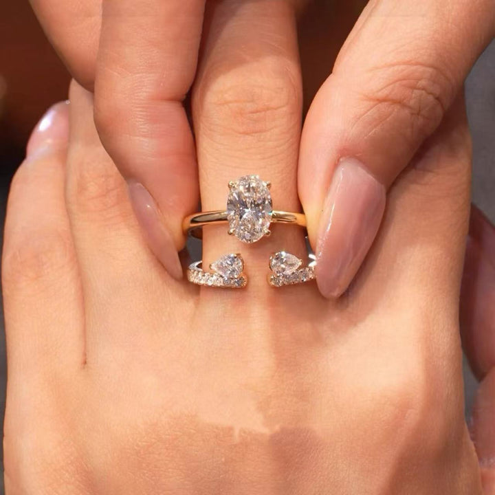 Oval Diamond Gold Open Wrap Bridal Ring Set, Curved Teardrop Accent Stackable Duo