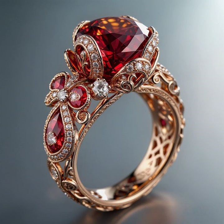 Vintage Ruby Gemstone Ring, Ornate Filigree Carved Statement Ring, Luxury Jewelry for Women