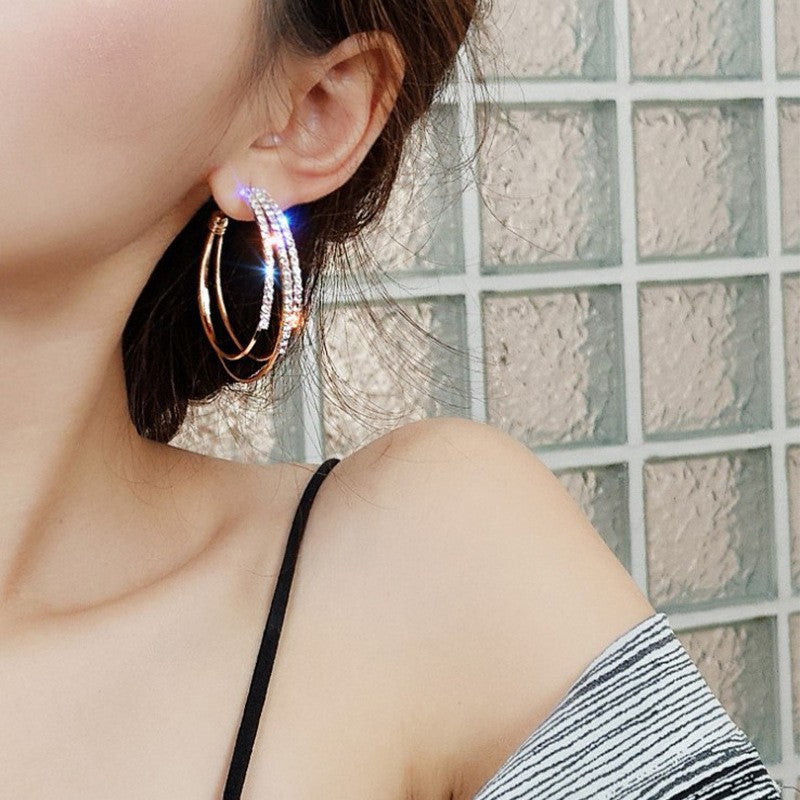Baguette Diamond Open C-Hoop Earrings, Gold Sparkly Minimal Statement Party Ear Jewelry