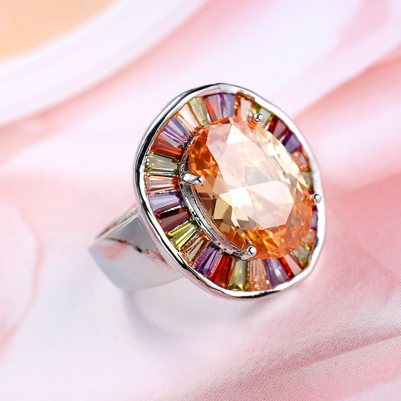 Oval Champagne Diamond Rainbow Baguette Halo Ring, Wide Silver Bold Cocktail Statement Band