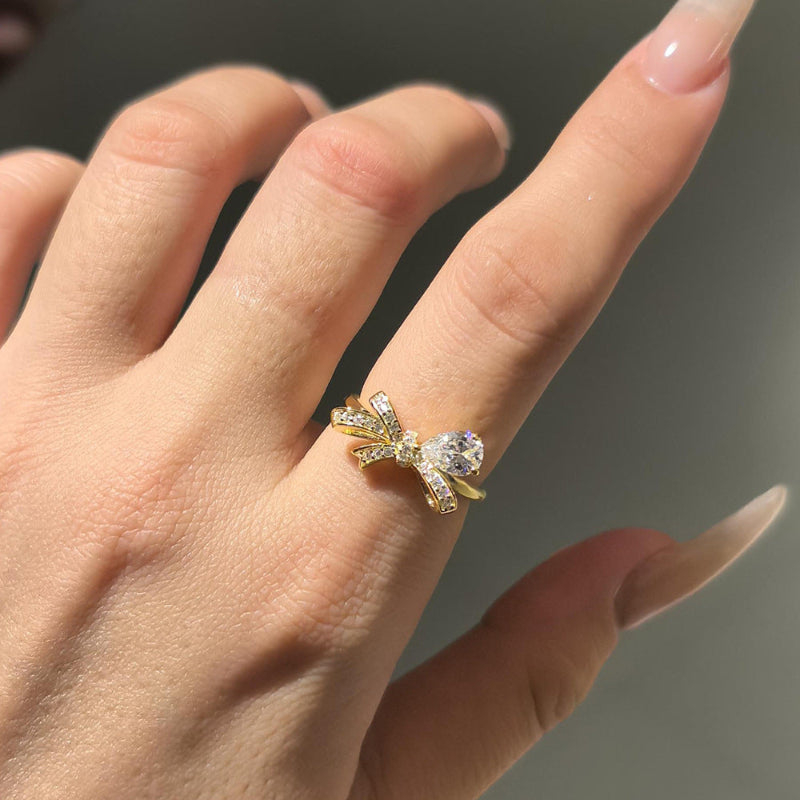 Exquisite Bow‑Knot Teardrop‑Shaped Gem & Diamond Ring, Multi‑Color Option Elegant Women Statement Ring