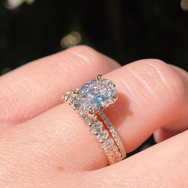 4 Prong Oval Diamond Two-Tier Pave Rose Gold Bridal Stack Ring Set