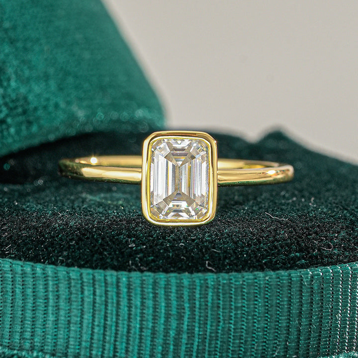 14K Gold Bezel Set Emerald Cut Gemstone Ring, Minimalist Rectangular Stone