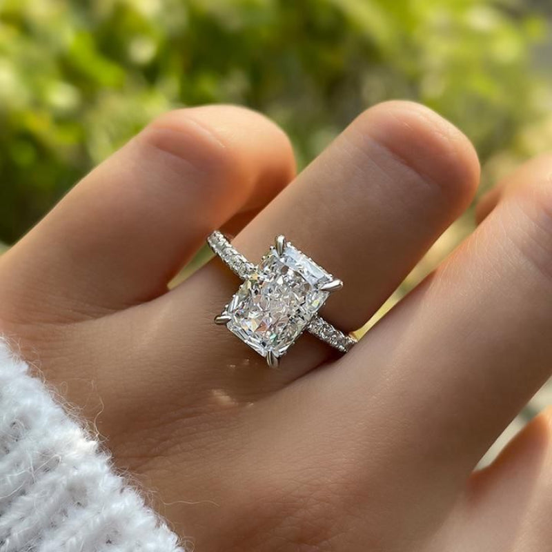 2 Tone Radiant Cut Pave Engagement Ring, Minimal Luxury Prong-Set Bridal Statement Jewelry