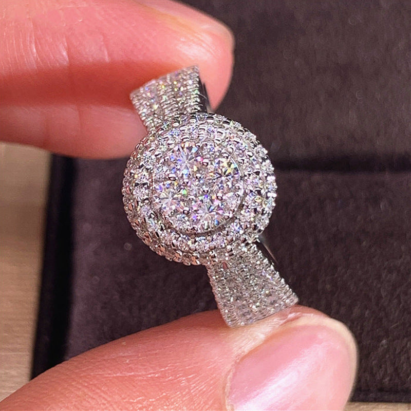 Double Halo Diamond Wide Band Statement Ring, Full Pave Shiny Women’s Fashion Ring