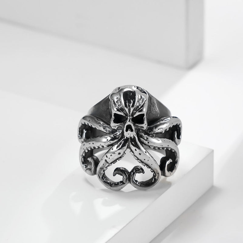 Gothic Skull Octopus Open Adjustable Statement Ring, Retro Deep‑Carved Sea‑Monster Punk Men’s Ring