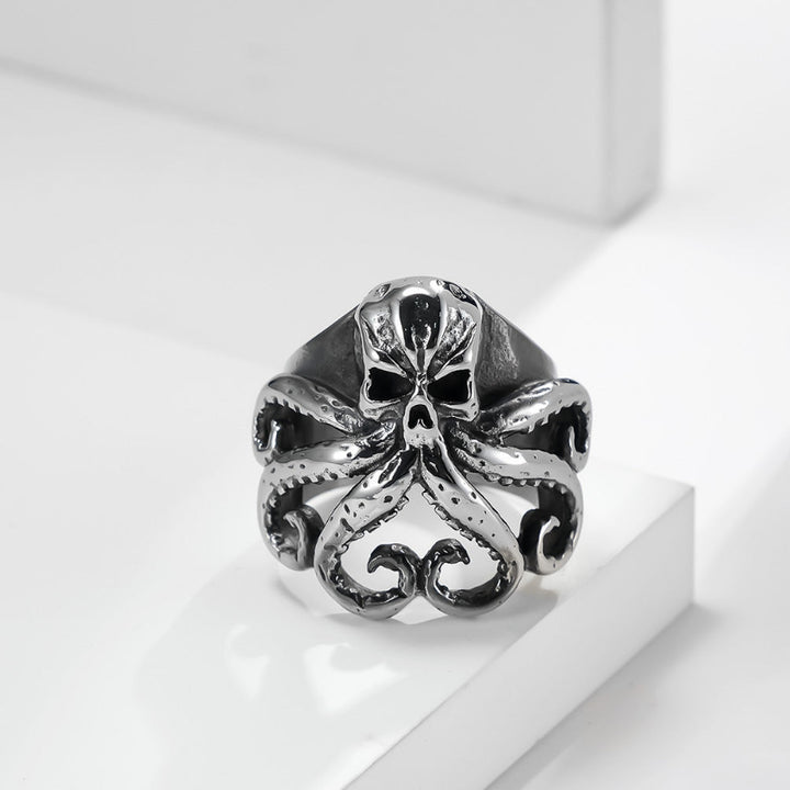 Gothic Skull Octopus Open Adjustable Statement Ring, Retro Deep‑Carved Sea‑Monster Punk Men’s Ring