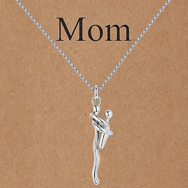 Two-Tone Silver Gold Mother and Child Embracing Necklace, Minimalist Abstract Embrace Sentimental Collarbone Jewelry