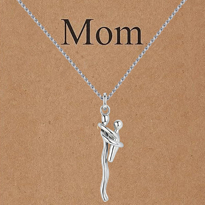 Two-Tone Silver Gold Mother and Child Embracing Necklace, Minimalist Abstract Embrace Sentimental Collarbone Jewelry