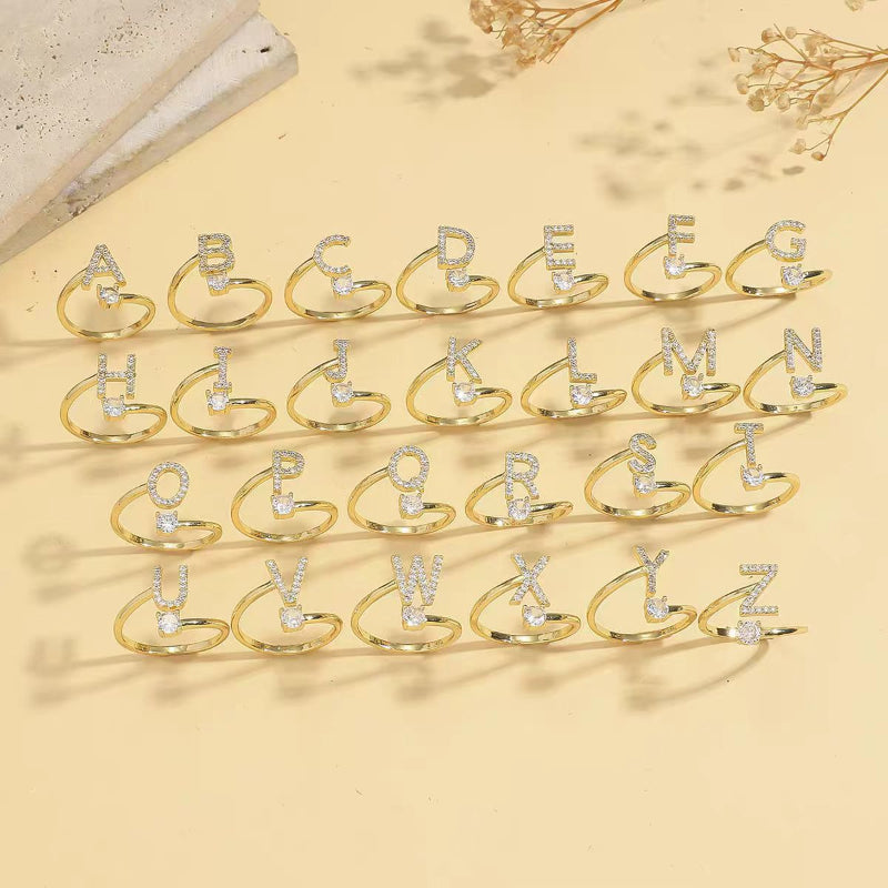 26 Letters Pave Initial Open Ring, Dainty Personalized Stackable Signet Ring