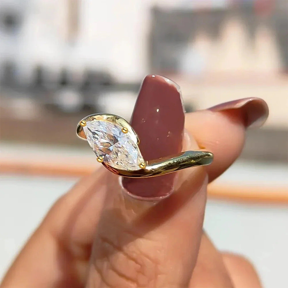 French Style Marquise Cut Diamond Ring, Twisted Band Design, Elegant Statement Ring for Women