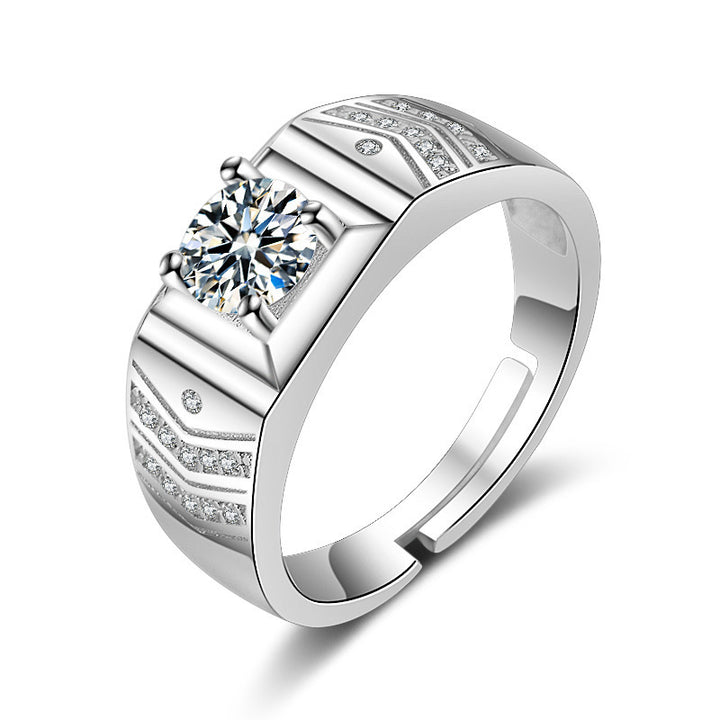 Geometric Square Center Diamond Men’s Adjustable Ring, Wide Band Statement Ring