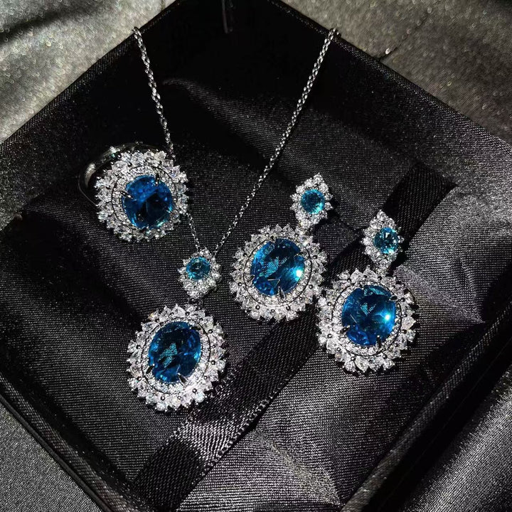 Oval Cut Gemstone Jewelry Set, 3Pcs Necklace Earring Ring Set, Luxury Statement Jewelry for Women