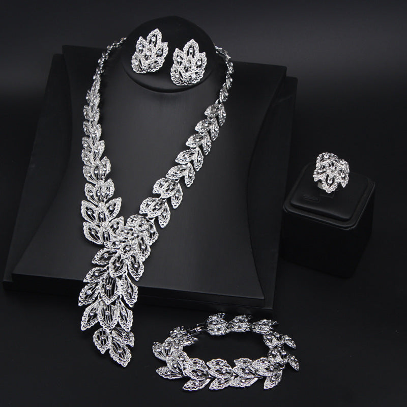 Vintage Leaf Diamond Bridal Jewelry Set, Formal Wedding Statement Accessory Kit