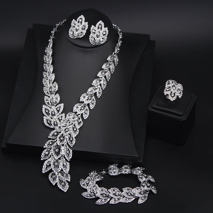 Vintage Leaf Diamond Bridal Jewelry Set, Formal Wedding Statement Accessory Kit