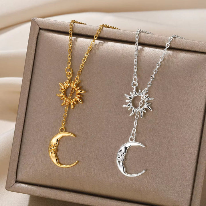 Sun & Engraved Face Moon Lariat Drop Necklace, Gold Silver Celestial Matching Couple Best Friend Layer Pendant