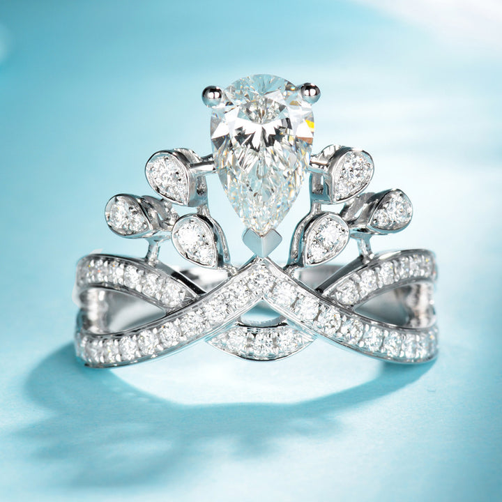 Adjustable Open Luxurious Pear-Shaped Crown Ring, Sparkling Statement Ring for Women