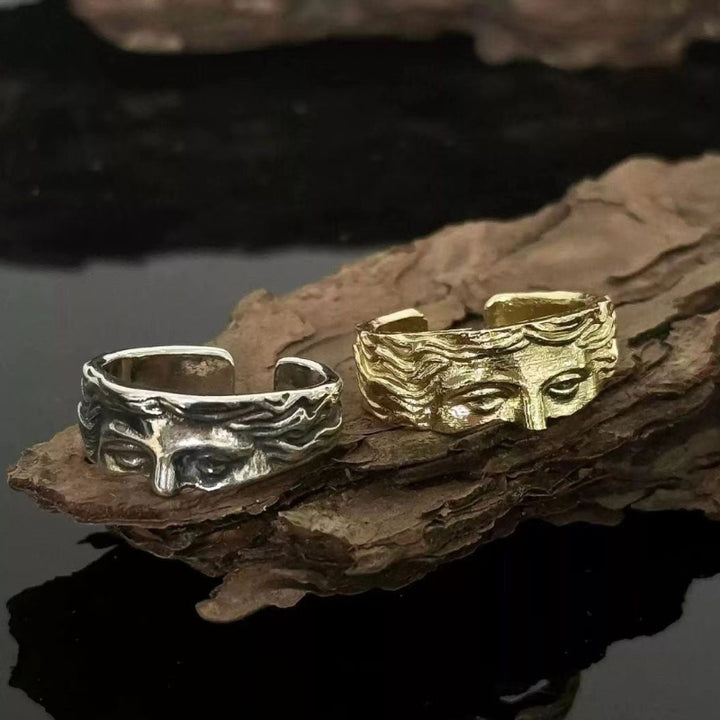 Antique Sculpted Face Open Cuff Statement Ring