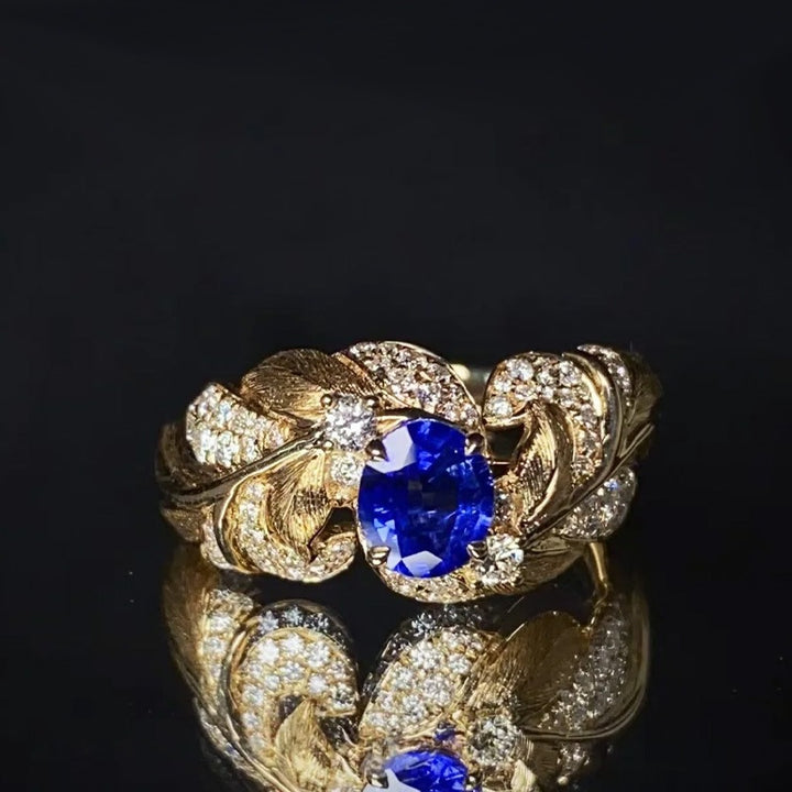 Vintage Leaf Oval Blue Gemstone Ring, Adjustable Open Statement Ring for Women